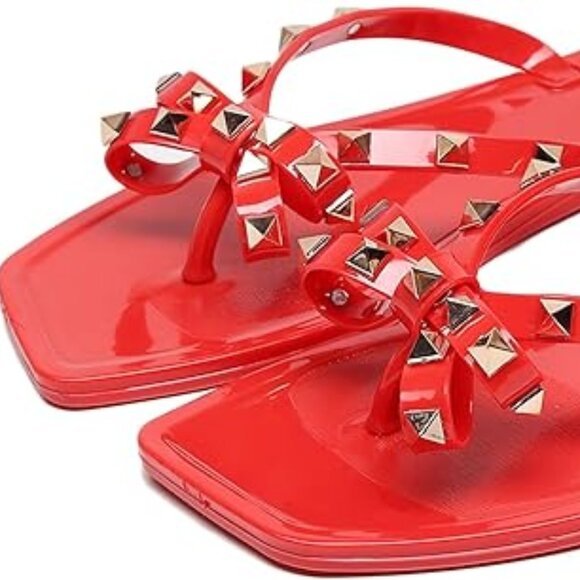 Womens Size 9 Studded Bow Jelly Thong Slides Square Toe Sandals Rivets Red - Picture 5 of 10